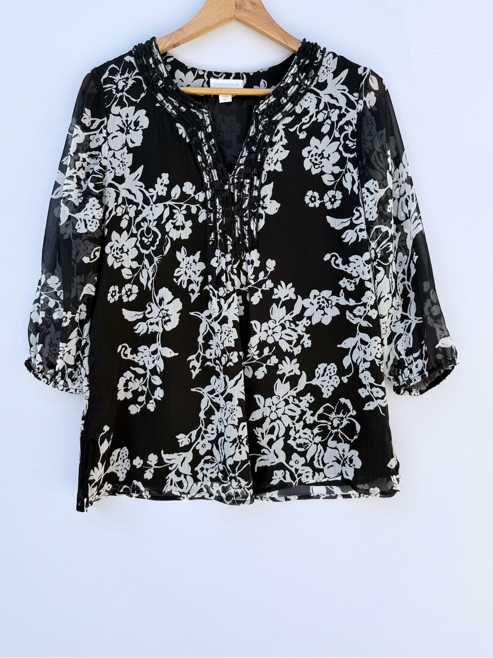 Charter Club Black White Floral Semi Sheer Peasant Blouse Size 4 NWOT